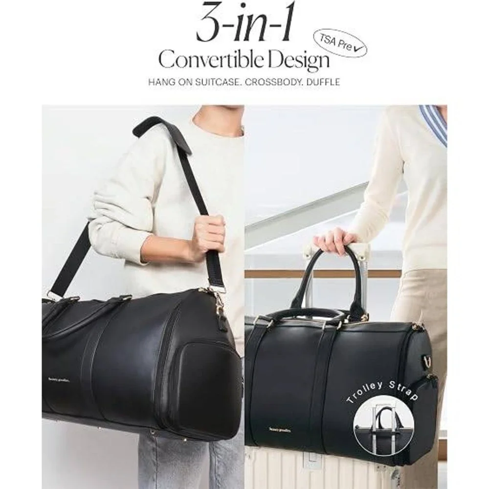 Beauty Goodies 3-in-1 Convertible Garment Bag Duffle Vegan Leather Black 50L